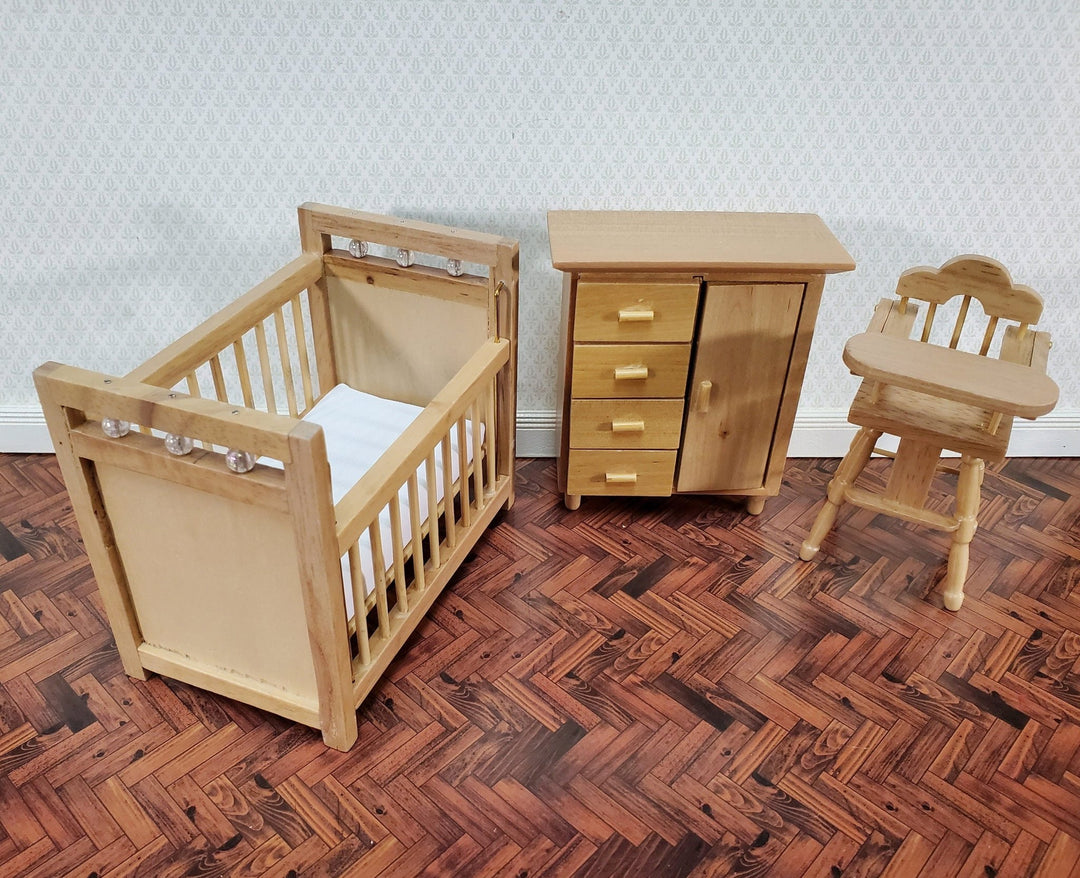 Dollhouse Nursery Room Set Crib High Chair Wardrobe 1:12 Scale Miniatures Light Oak - Miniature Crush