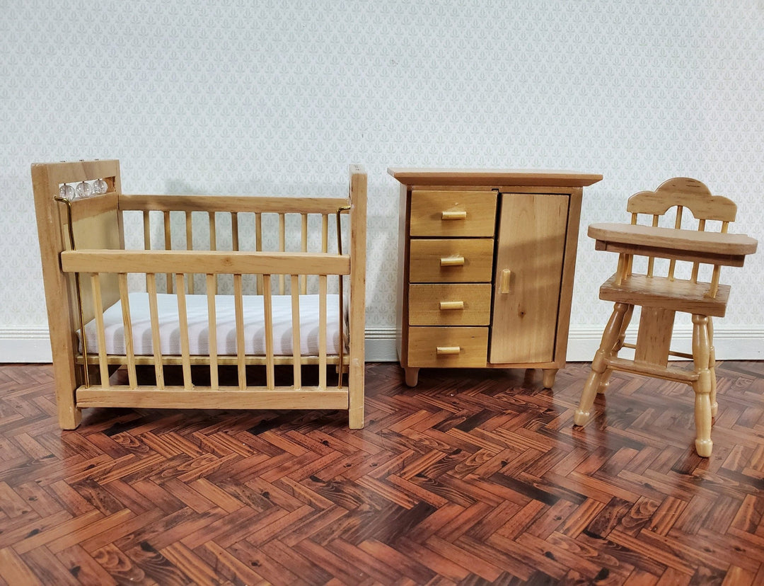 Dollhouse Nursery Room Set Crib High Chair Wardrobe 1:12 Scale Miniatures Light Oak - Miniature Crush