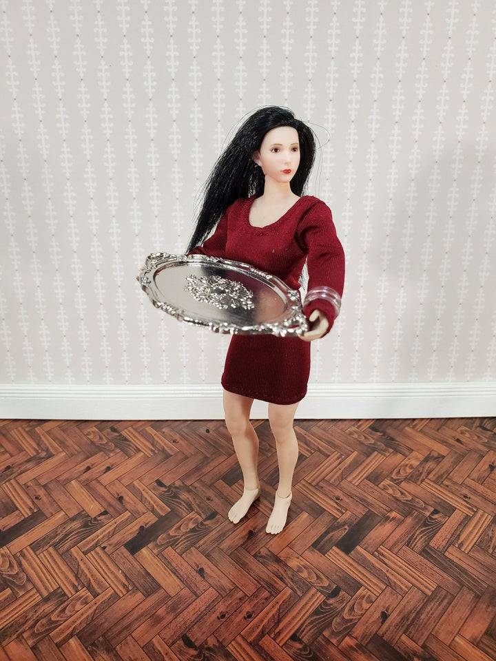 Dollhouse Oval Silver Tray Platter with Handles Large 1:12 Scale Miniature Accessory - Miniature Crush
