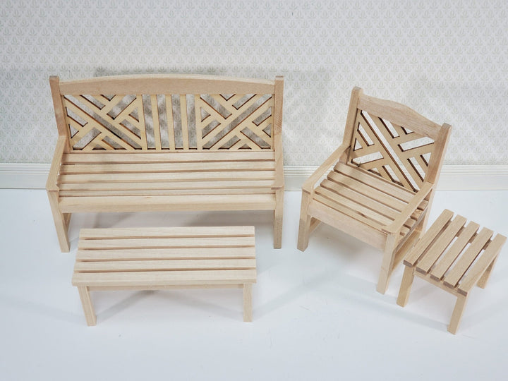 Dollhouse Patio Porch Set Chair Bench Tables Unpainted Wood 1:12 Scale Miniature Furniture - Miniature Crush