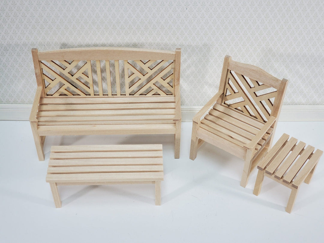 Dollhouse Patio Porch Set Chair Bench Tables Unpainted Wood 1:12 Scale Miniature Furniture - Miniature Crush