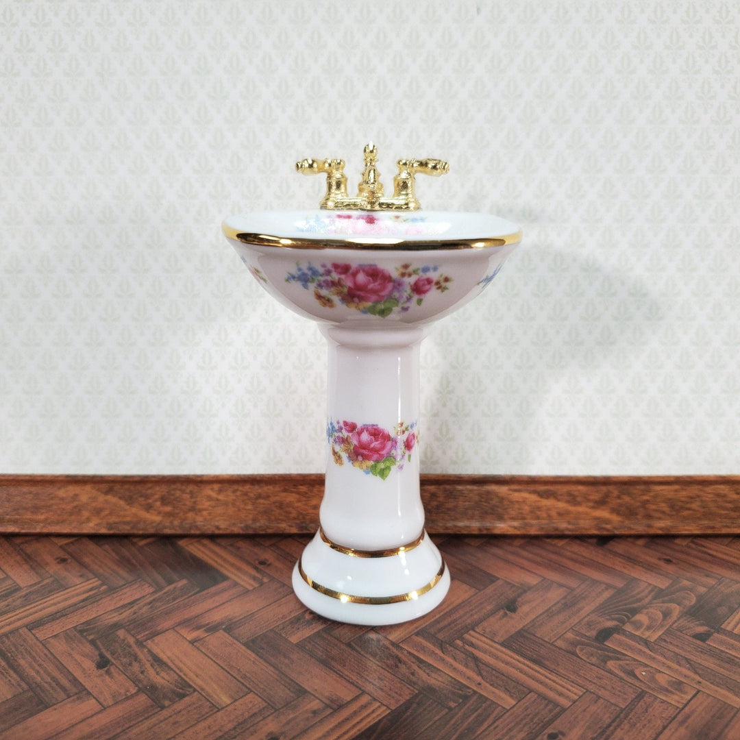 Dollhouse Pedestal Sink Bathroom Dresden Rose Reutter Porcelain 1:12 Scale Miniature - Miniature Crush