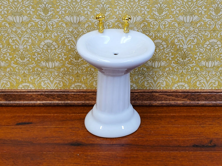 Dollhouse Pedestal Sink Bathroom White Ceramic Gold Faucets 1:12 Scale Miniature - Miniature Crush