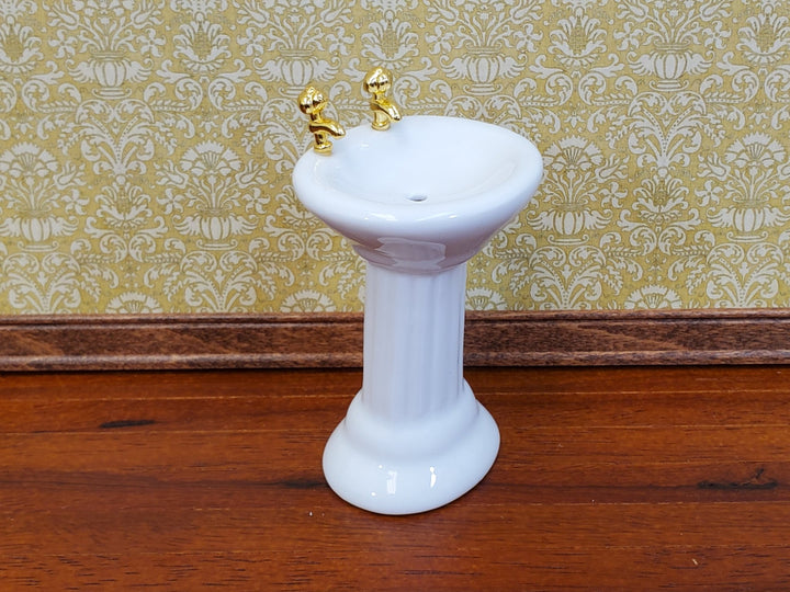 Dollhouse Pedestal Sink Bathroom White Ceramic Gold Faucets 1:12 Scale Miniature - Miniature Crush