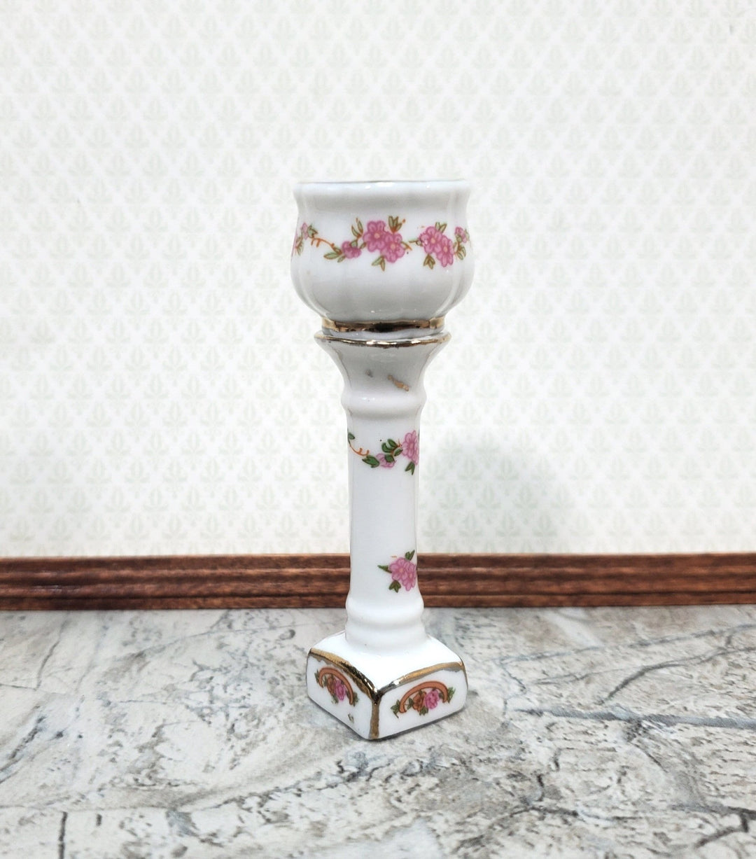 Dollhouse Pedestal with Vase Jardiniere 1:12 Scale Glass Ceramic Pink and White Floral - Miniature Crush