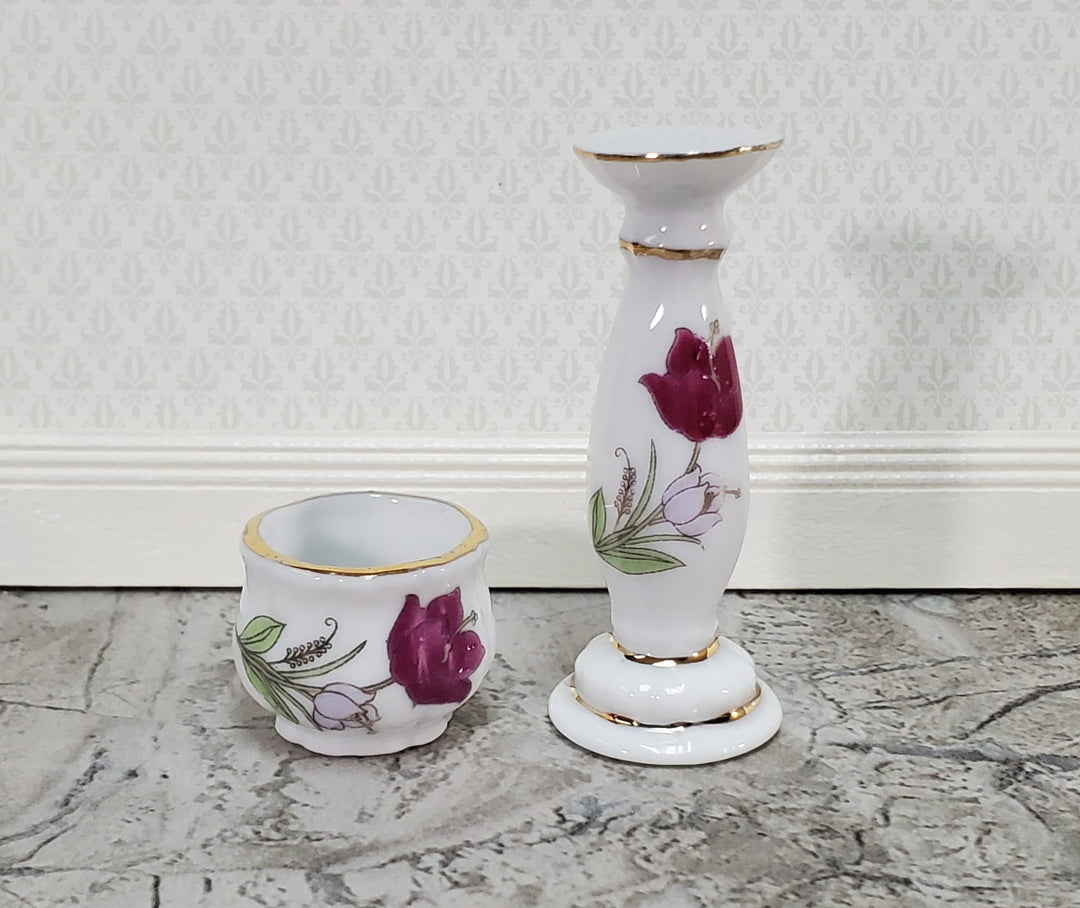 Dollhouse Pedestal with Vase Jardiniere 1:12 Scale Miniature Ceramic White Pink Floral - Miniature Crush