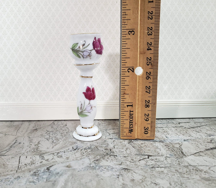 Dollhouse Pedestal with Vase Jardiniere 1:12 Scale Miniature Ceramic White Pink Floral - Miniature Crush