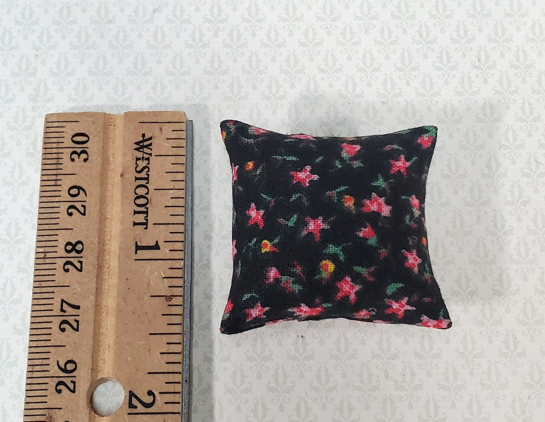 Dollhouse Pillow Floral Print Black Pink Green Handmade 1:12 Scale Miniature 1 1/2" - Miniature Crush