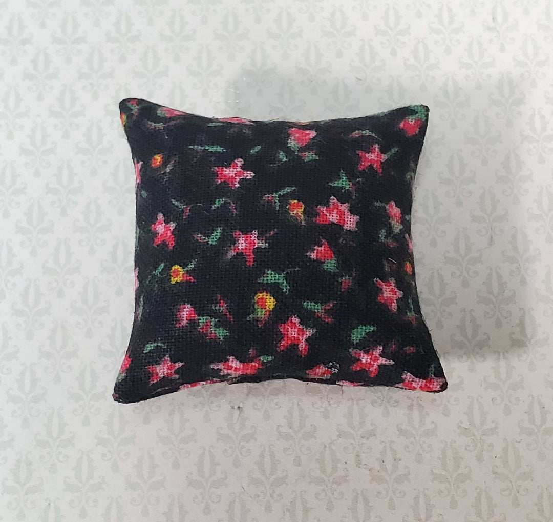 Dollhouse Pillow Floral Print Black Pink Green Handmade 1:12 Scale Miniature 1 1/2" - Miniature Crush