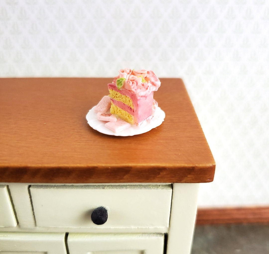 Dollhouse Pink Cake 2 Slices with Cookies on a Plate 1:12 Scale Dessert Food by Falcon - Miniature Crush