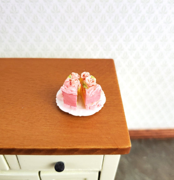 Dollhouse Pink Cake 2 Slices with Cookies on a Plate 1:12 Scale Dessert Food by Falcon - Miniature Crush