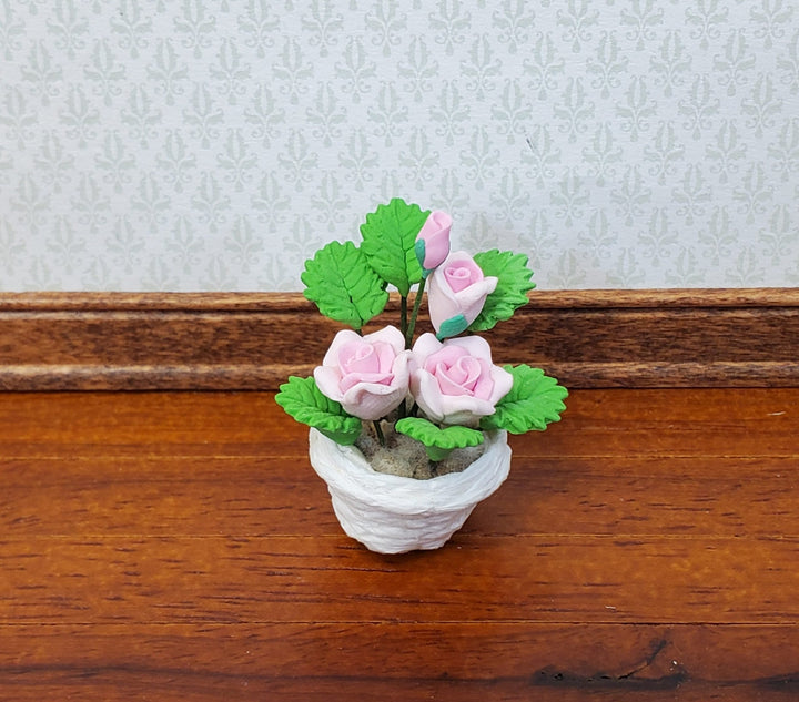 Dollhouse Pink Roses Flowers in a Basket 1:12 Scale Miniature Garden Plants - Miniature Crush