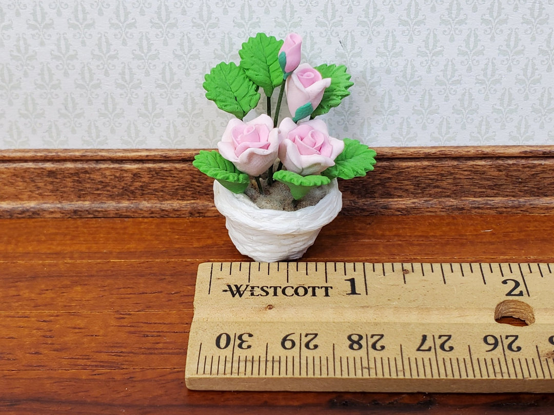 Dollhouse Pink Roses Flowers in a Basket 1:12 Scale Miniature Garden Plants - Miniature Crush