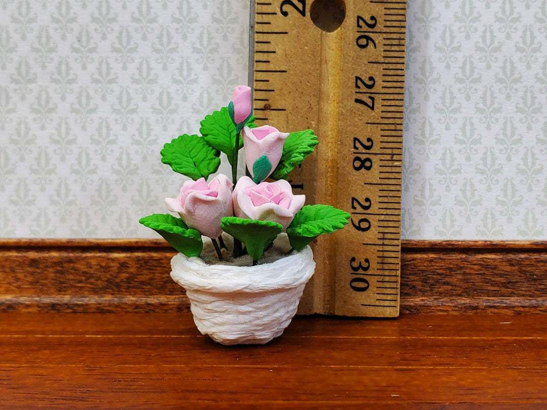 Dollhouse Pink Roses Flowers in a Basket 1:12 Scale Miniature Garden Plants - Miniature Crush