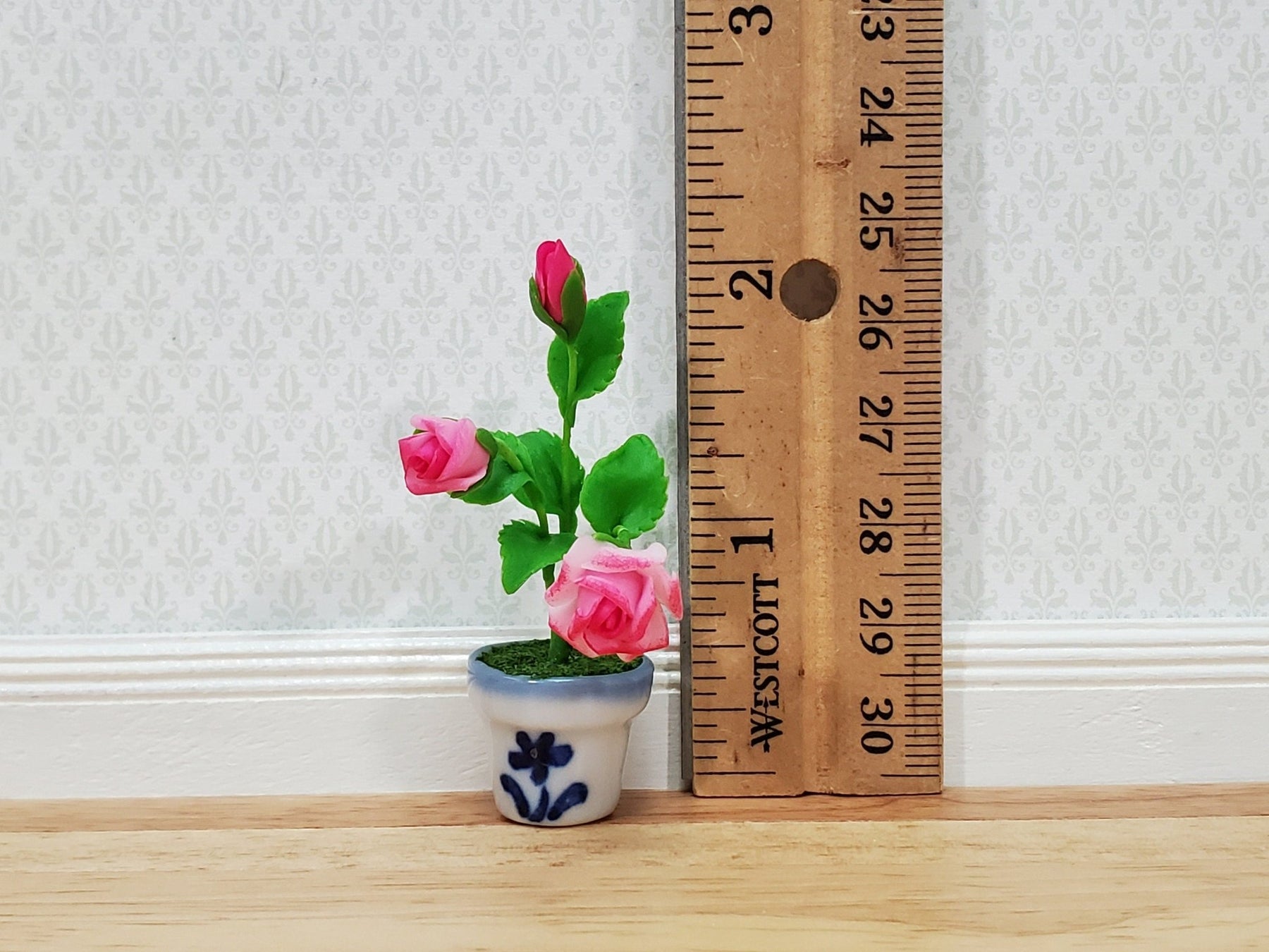 Dollhouse Red Roses in a Blue and White Ceramic Pot 1:12 Scale