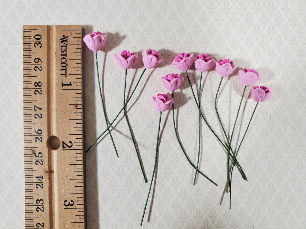 Dollhouse Pink Roses Flowers Set of 10 with Stems 1:12 Scale Miniature Garden - Miniature Crush
