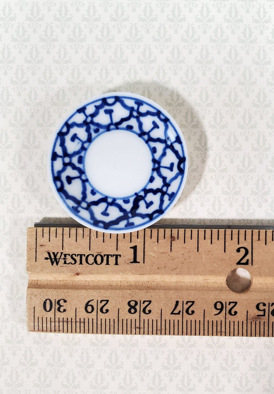 Dollhouse Platter Large Plate Ceramic Blue & White Design Miniature 1 1/4" - Miniature Crush