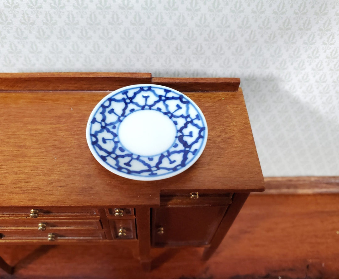 Dollhouse Platter Large Plate Ceramic Blue & White Design Miniature 1 1/4" - Miniature Crush