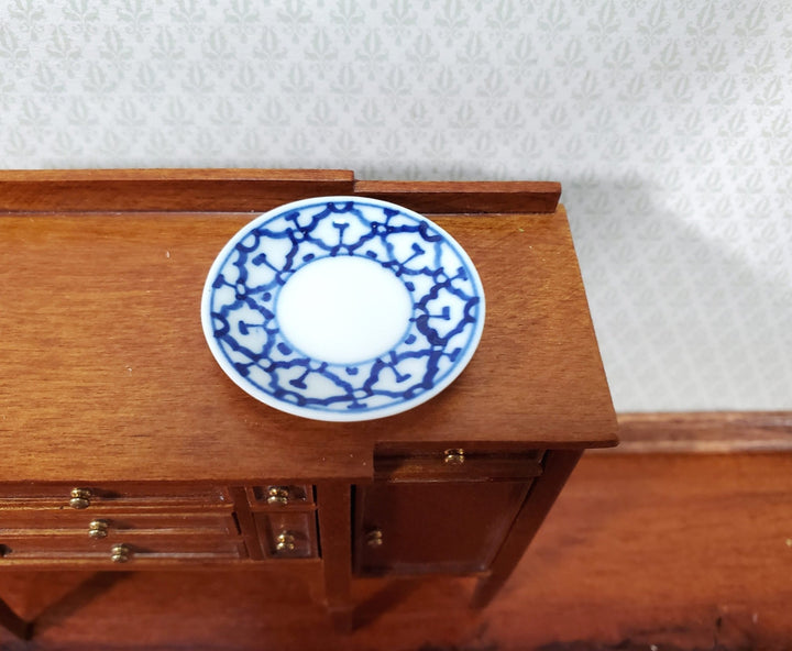 Dollhouse Platter Large Plate Ceramic Blue & White Design Miniature 1 1/4" - Miniature Crush