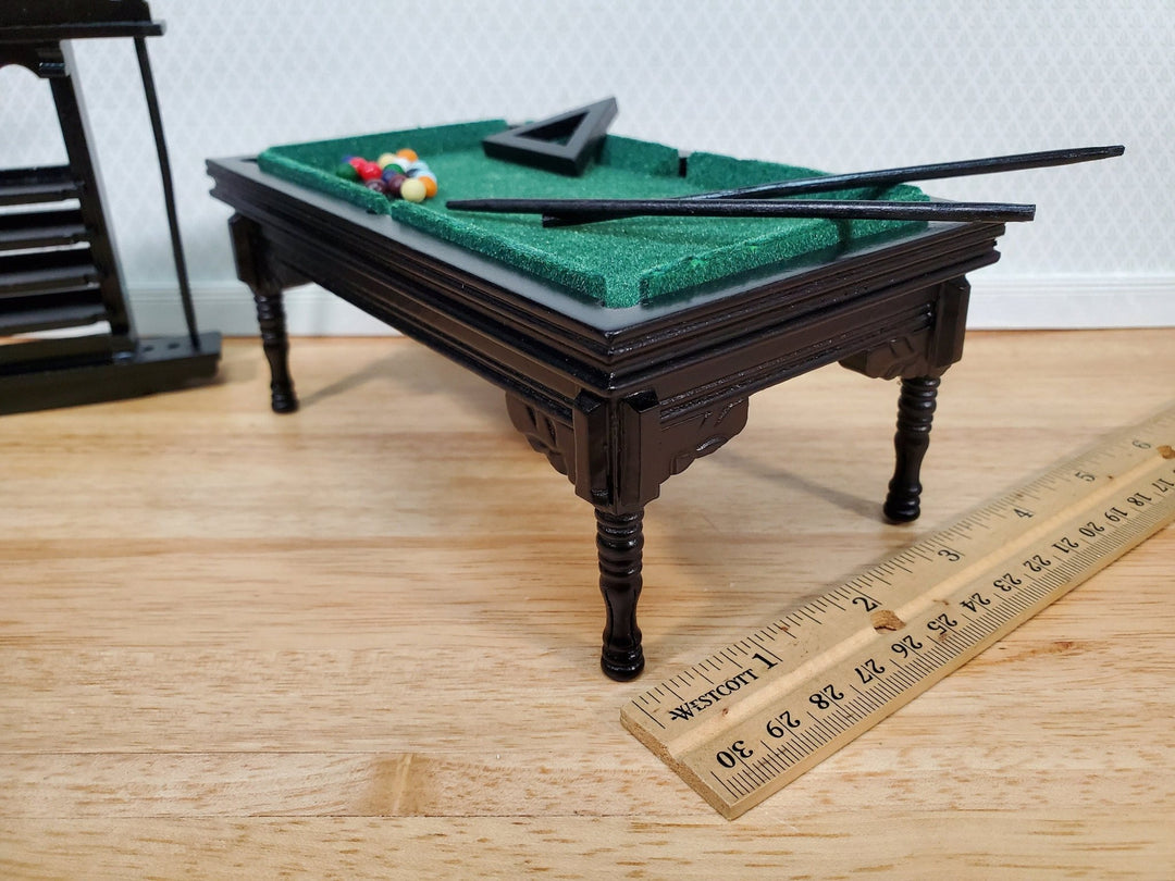 Dollhouse Pool Table Large with Cue Rack 1:12 Scale Miniature Black Finish - Miniature Crush
