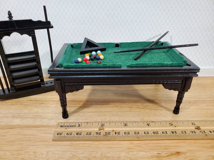 Dollhouse Pool Table Large with Cue Rack 1:12 Scale Miniature Black Finish - Miniature Crush