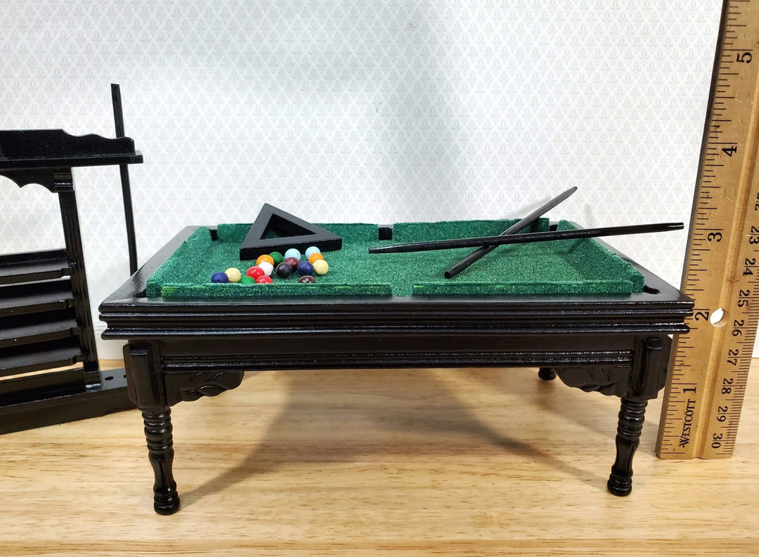 Dollhouse Pool Table Large with Cue Rack 1:12 Scale Miniature Black Finish - Miniature Crush