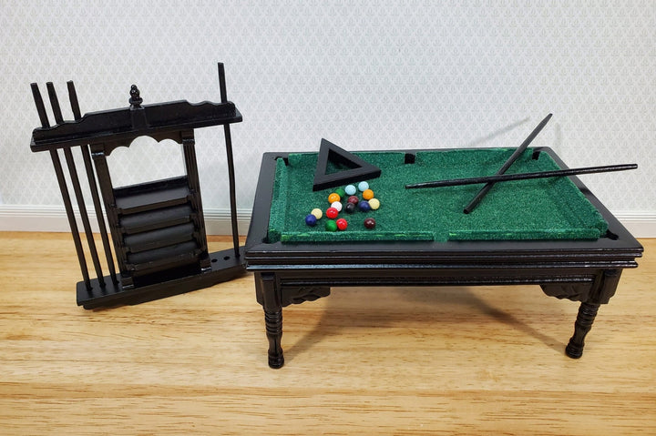 Dollhouse Pool Table Large with Cue Rack 1:12 Scale Miniature Black Finish - Miniature Crush