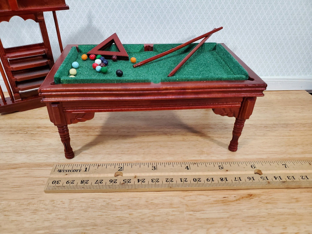Dollhouse Pool Table Large with Cue Rack 1:12 Scale Miniature Mahogany Finish - Miniature Crush