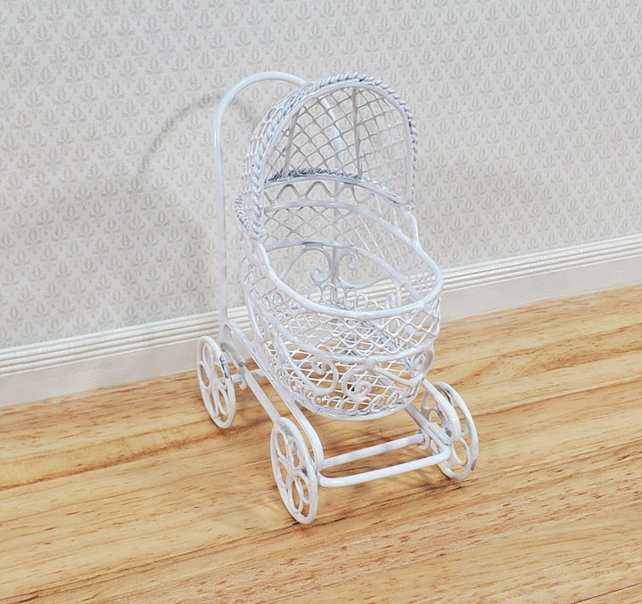 Dollhouse Pram Stroller Carriage White Metal Wire 1:12 Scale Nursery Miniature Furniture - Miniature Crush