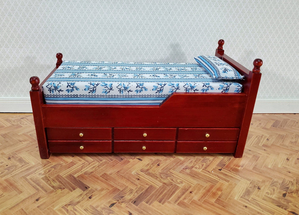 Dollhouse Pull Out Trundle Bed with Mattress Twin Size 1:12 Scale Furniture Mahogany Finish - Miniature Crush