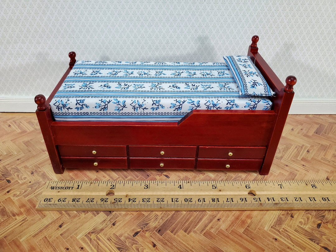 Dollhouse Pull Out Trundle Bed with Mattress Twin Size 1:12 Scale Furniture Mahogany Finish - Miniature Crush