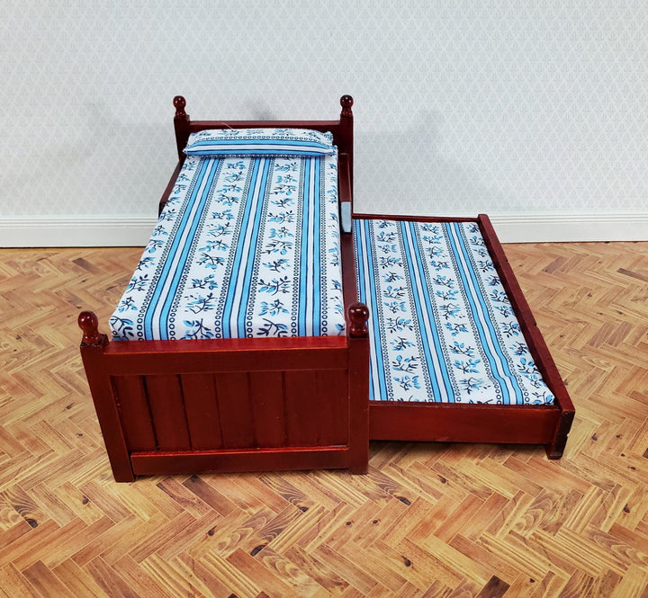 Dollhouse Pull Out Trundle Bed with Mattress Twin Size 1:12 Scale Furniture Mahogany Finish - Miniature Crush