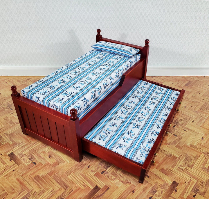 Dollhouse Pull Out Trundle Bed with Mattress Twin Size 1:12 Scale Furniture Mahogany Finish - Miniature Crush