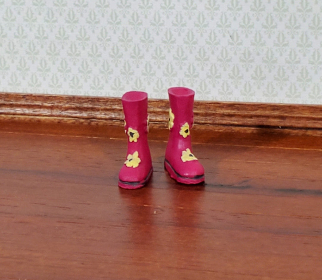 Dollhouse Rain Boots Wellies Pink with Flowers Resin 1:12 Scale Miniatures - Miniature Crush