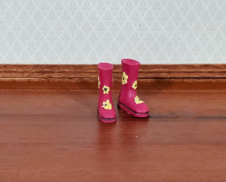 Dollhouse Rain Boots Wellies Pink with Flowers Resin 1:12 Scale Miniatures - Miniature Crush