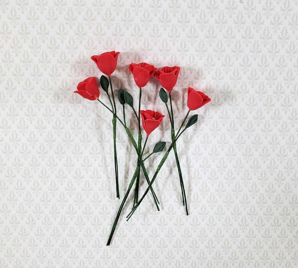 Dollhouse Red Poppies Poppy Flowers Set of 6 with Stems 1:12 Scale Garden - Miniature Crush