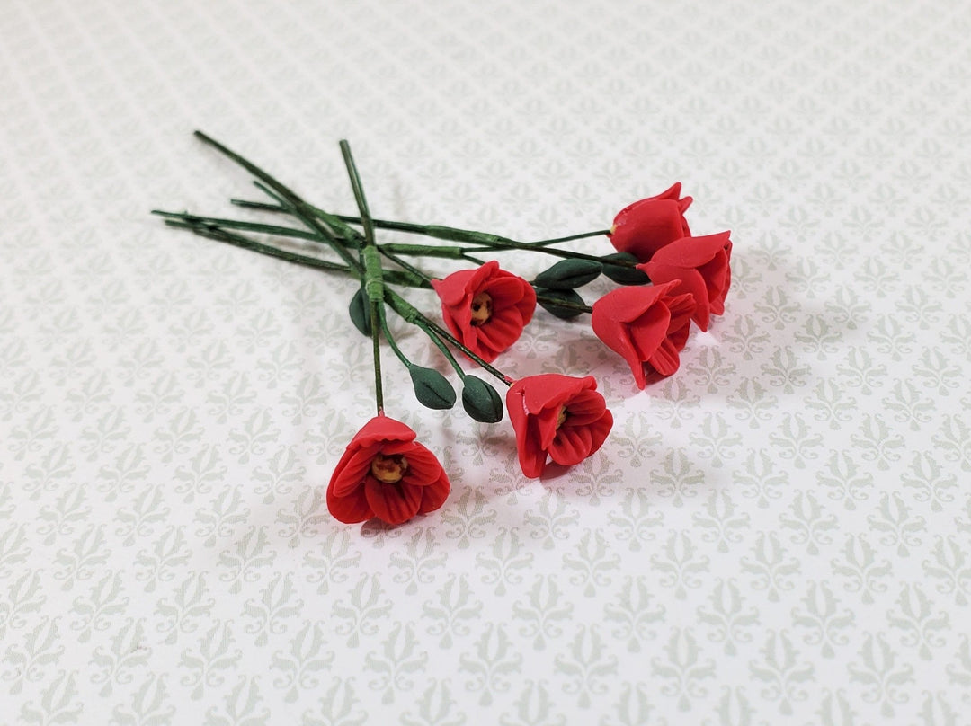 Dollhouse Red Poppies Poppy Flowers Set of 6 with Stems 1:12 Scale Garden - Miniature Crush