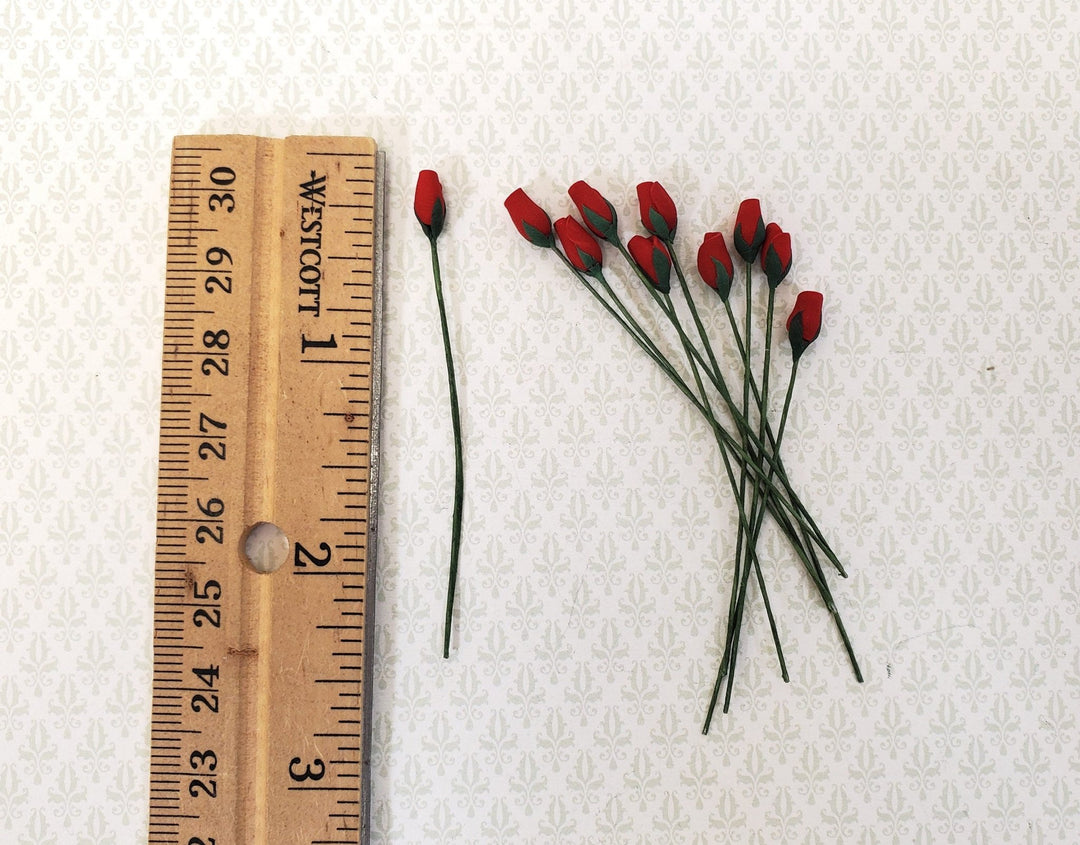 Dollhouse Red Rose Buds Flowers Set of 10 with Stems 1:12 Scale Miniature Garden - Miniature Crush