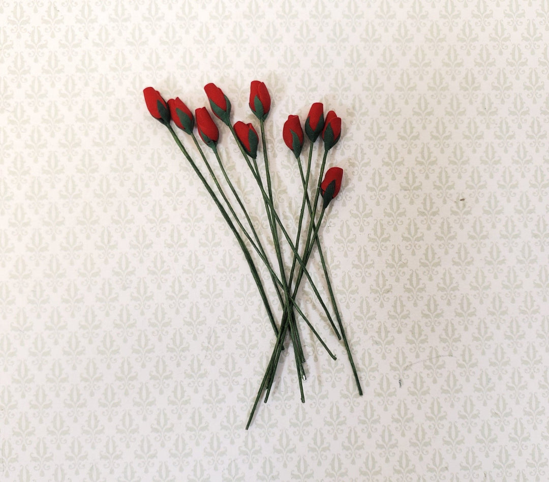 Dollhouse Red Rose Buds Flowers Set of 10 with Stems 1:12 Scale Miniature Garden - Miniature Crush
