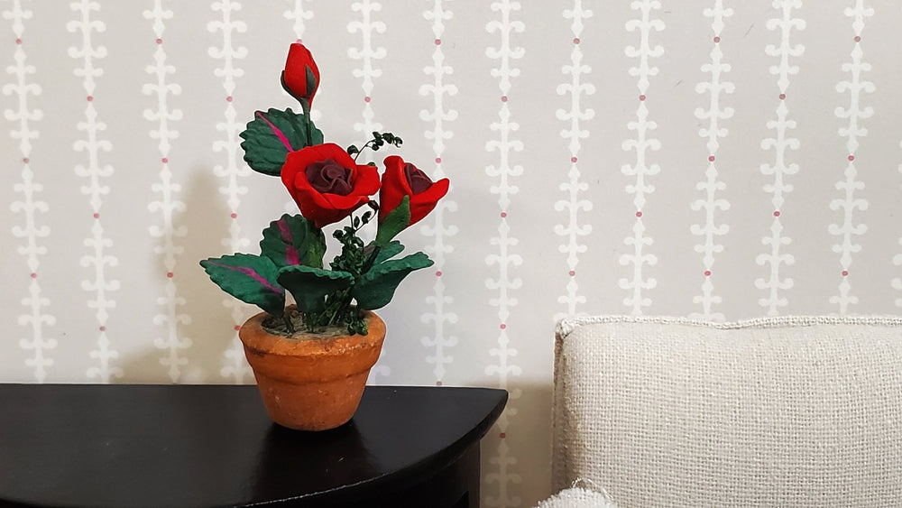 Dollhouse Red Roses Flowers Potted in Terra Cotta Pot 1:12 Scale Miniature Plant - Miniature Crush