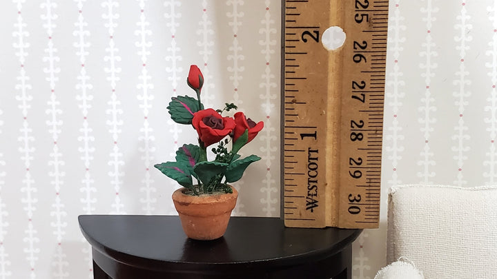 Dollhouse Red Roses Flowers Potted in Terra Cotta Pot 1:12 Scale Miniature Plant - Miniature Crush