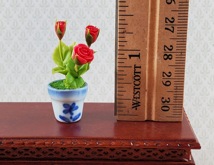 Dollhouse Red Roses in a Blue and White Ceramic Pot 1:12 Scale Miniature Flowers - Miniature Crush