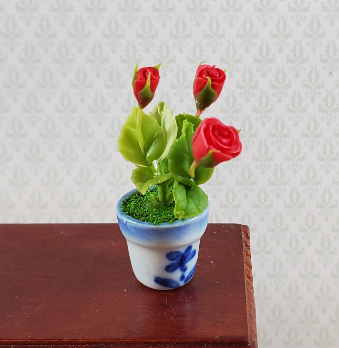 Dollhouse Red Roses in a Blue and White Ceramic Pot 1:12 Scale
