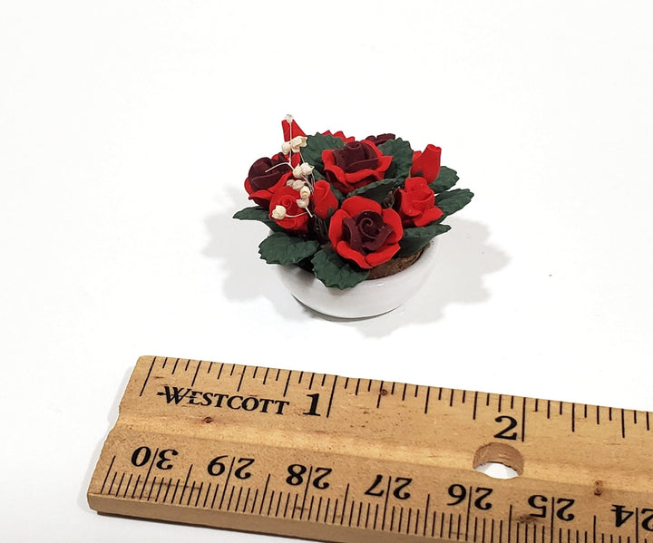 Dollhouse Red Roses in Ceramic White Pot 1:12 Scale Miniature Flowers - Miniature Crush