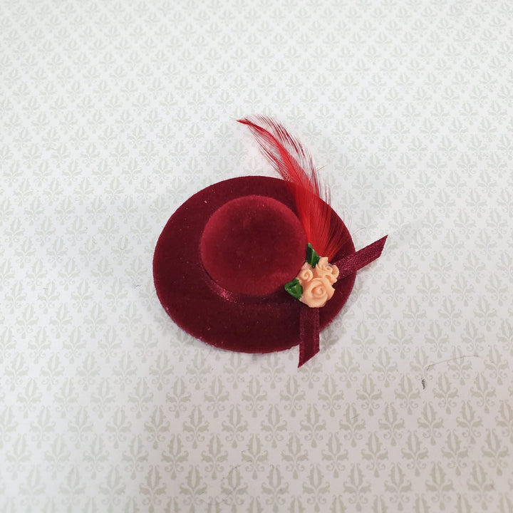 Dollhouse Red Velvet Hat with Feather & Flowers Wearable 1:12 Scale Miniature - Miniature Crush
