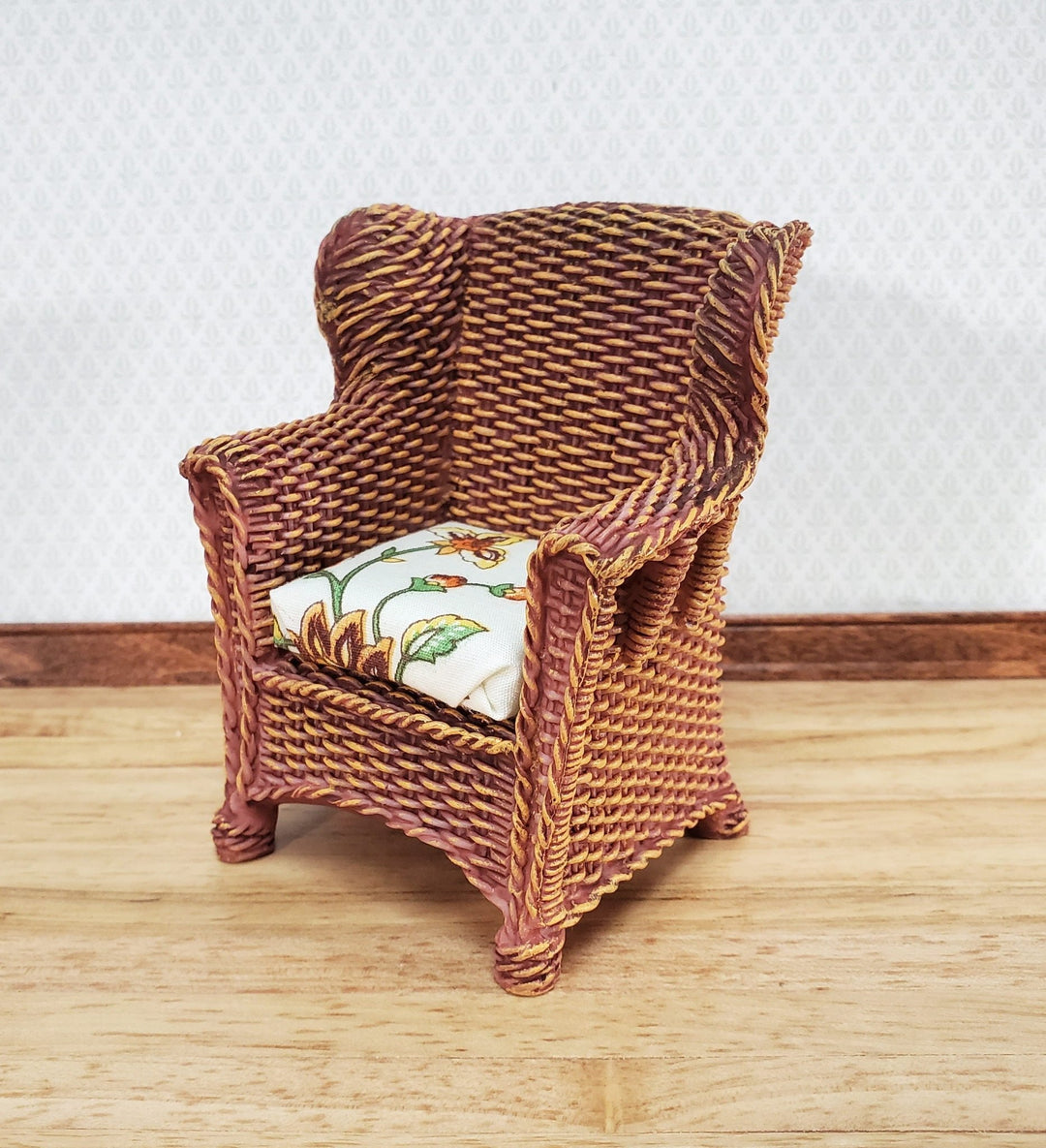 Dollhouse Resin Rattan Wicker Chair with Cushion 1:12 Scale Miniature Furniture by Reutter - Miniature Crush