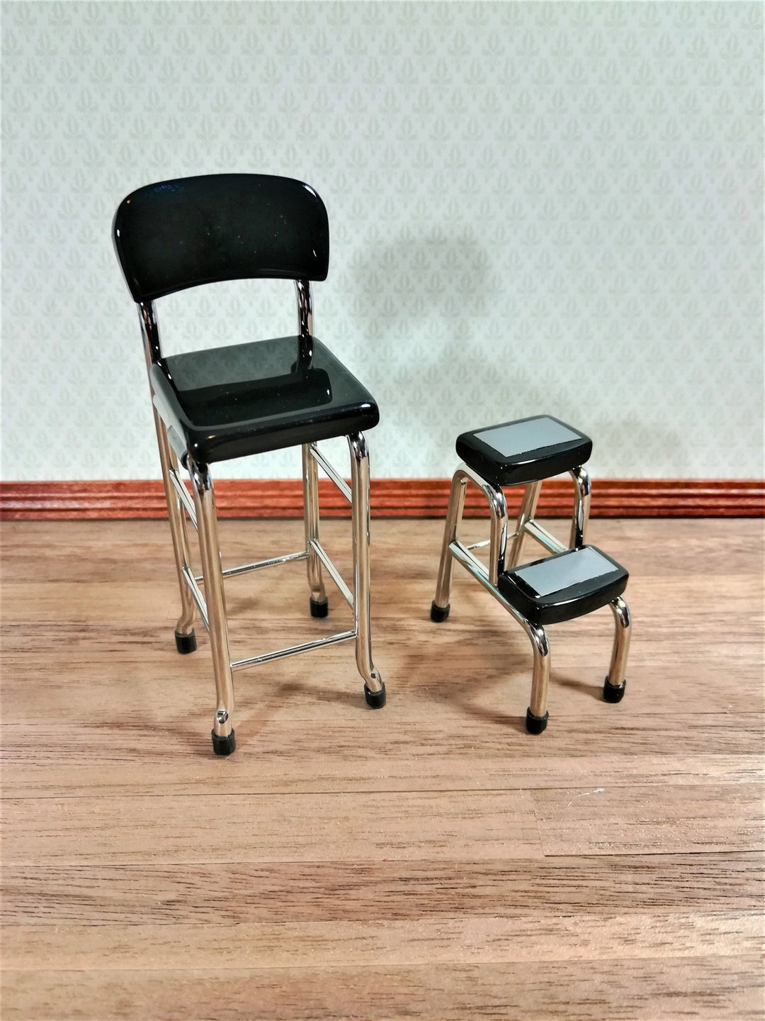 Dollhouse Retro Step Stool Tall Chair 1950s Style Black 1:12 Scale Miniature - Miniature Crush