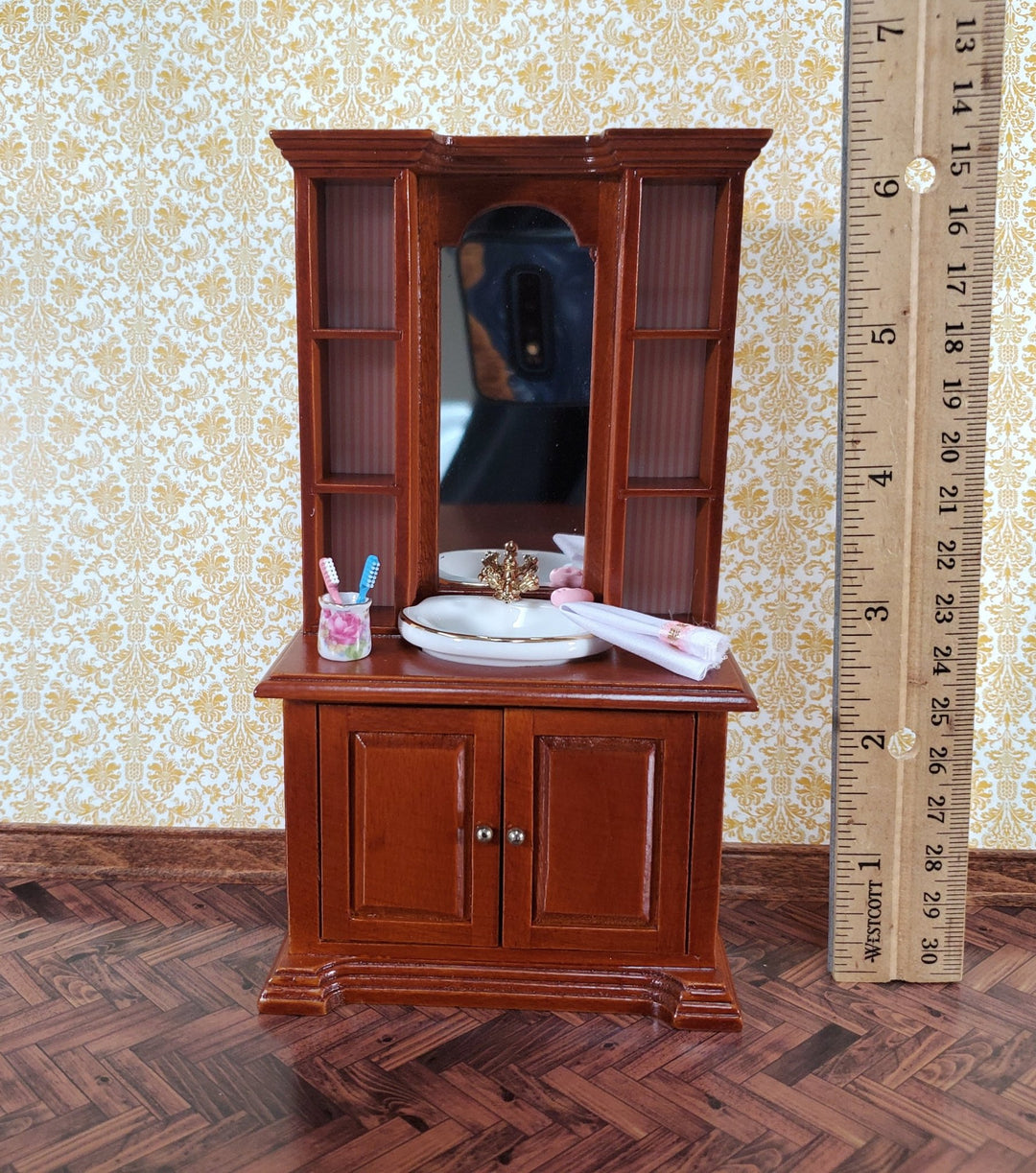 Dollhouse Reutter Tall Bathroom Sink Cabinet Walnut Finish 1:12 Scale Miniature - Miniature Crush