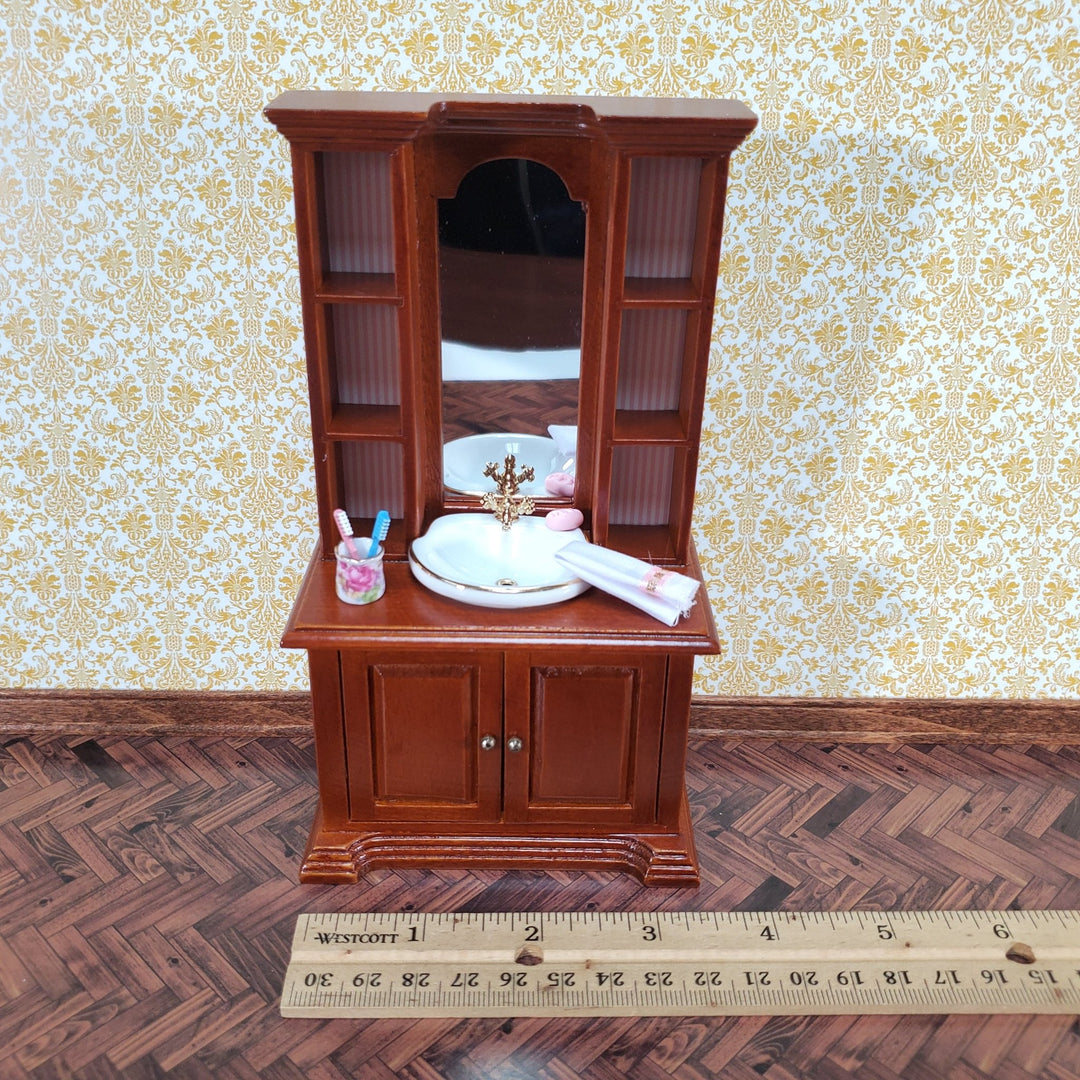 Dollhouse Reutter Tall Bathroom Sink Cabinet Walnut Finish 1:12 Scale Miniature - Miniature Crush