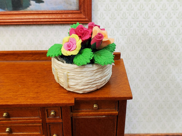 Dollhouse Roses in a Natural Fiber Basket Red Peach Yellow 1:12 Scale Miniature - Miniature Crush